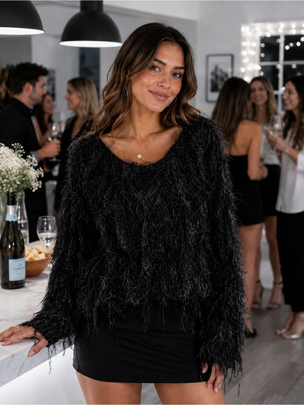 Line + Dot Black Shaggy Fringe Eyelash Knit Sweater, One Size